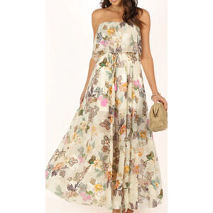 AAKAA SZ M Beige Floral Multicolor Strapless Tasseled Ruffle Maxi Dress NWT B114
